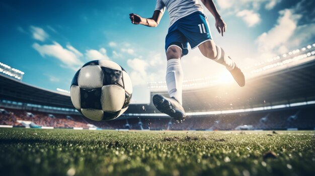 Foto calcio professionistico di palla in uno stadio di calcio concetto sulla competizione sportiva di superamento del movimento