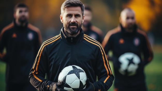 Professional football player preparing for training holding a soccer ball