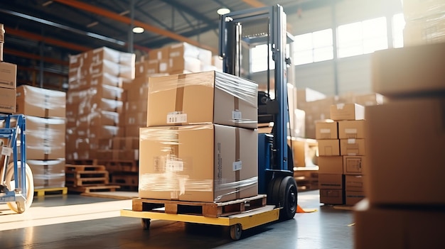 Photo professional forklift stacker loader efficiently loading cardboard boxes in a spacious warehouse