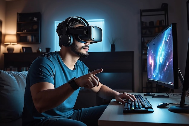 Photo professional gamer man using vr headset to play on powerful pc late at night in his living room