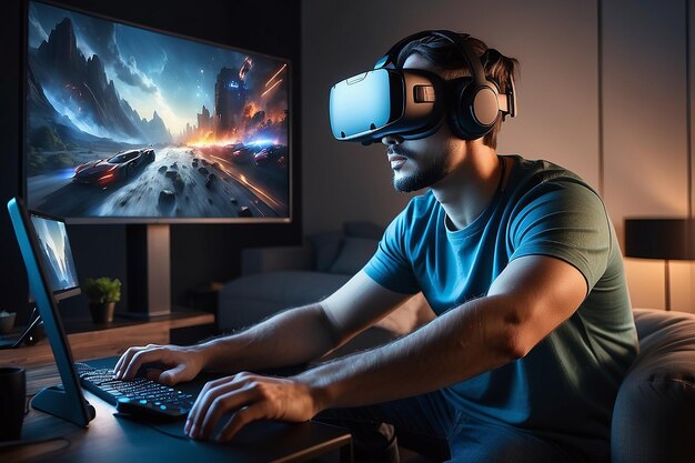 Professional gamer man using vr headset to play on powerful pc late at night in his living room