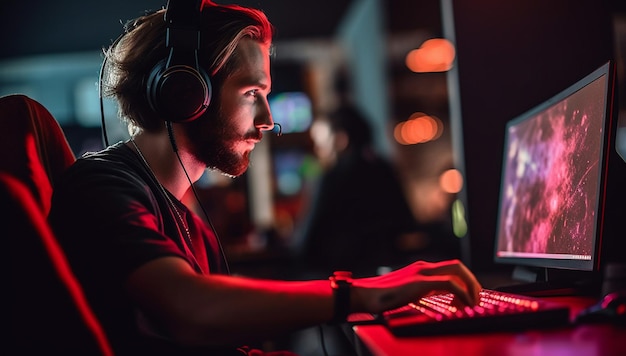 Professional gamer playing firstperson shooter online video game on his powerful personal computer