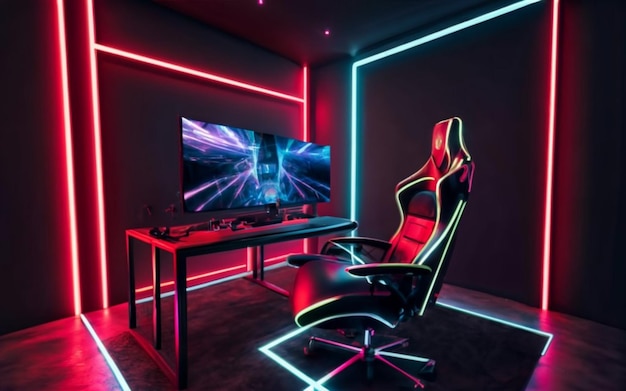 Профессиональная игровая комната с мощным ПК комфортный стул в неоновых огнях киберспорт Generative Ai