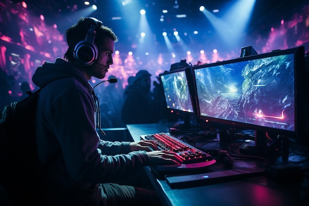 A professional gamer wearing headphones and using a computer Electronic game competitions