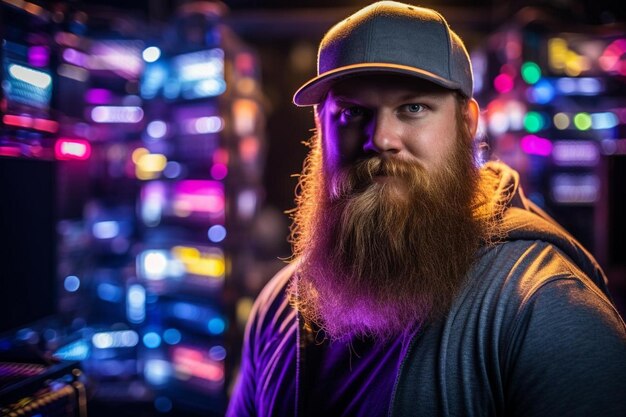 Professional gamer with long beard in front of powerful gaming rig in room full of neon lights