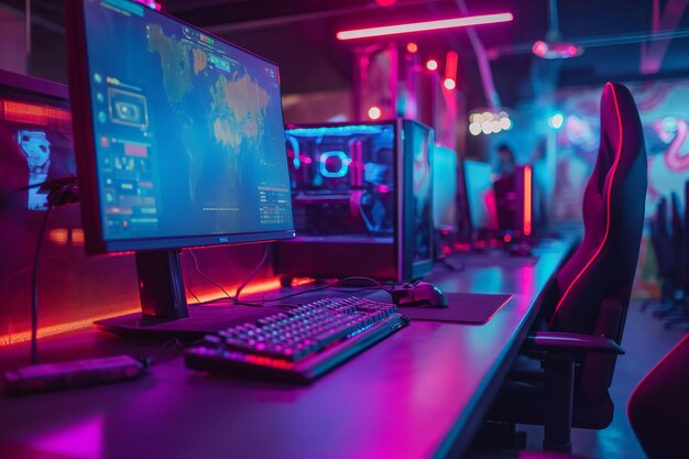 Профессиональные игроки комната с ультра мощным персональным компьютером с светодиодными огнями киберспорт