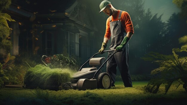 Photo professional gardener trimming green grass lawn