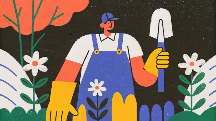 Photo professional gardener wearing gloves and holding tool