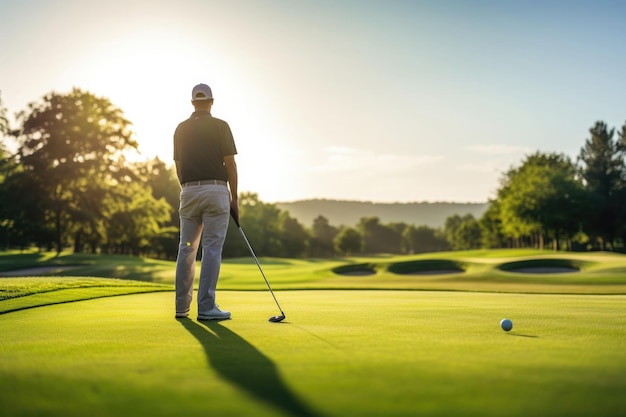 Professional golf player training at golf course at summer day Man hitting golf ball on green field Created with Generative AI