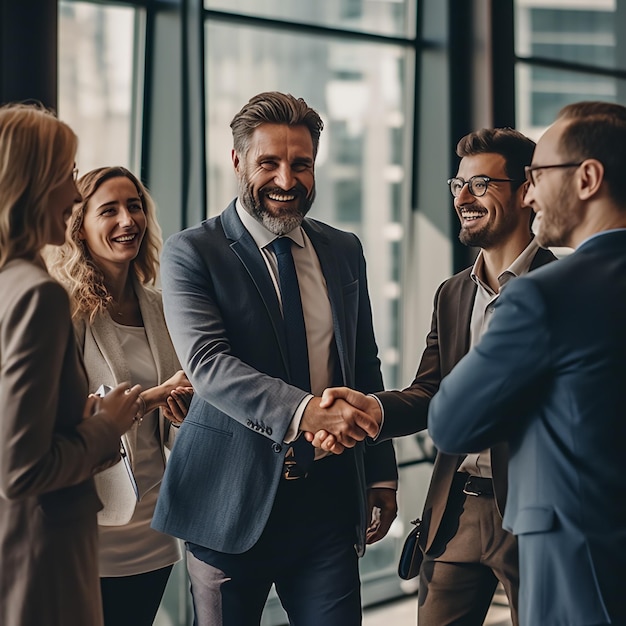 Professional group hand shake and smiling each other office setting