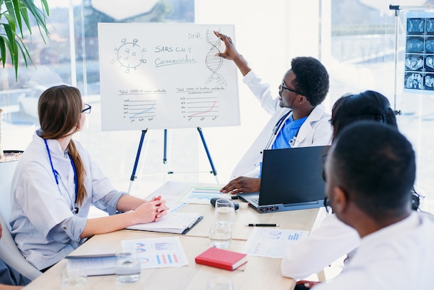 Professional group of multi racial doctors or interns with mentor have a meeting and making notes at hospital room. Health care concept.