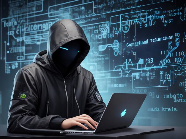 Photo professional hacker using laptop at table against dark background