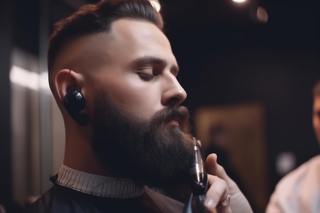 Professional hairdresser cutting beard of young man in barbershop Generative AI