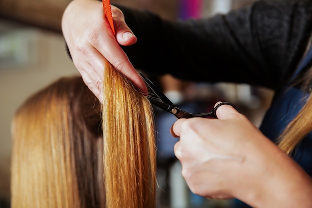 Professional hairdresser cutting hair with scissors