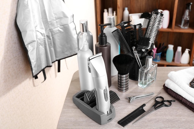 Professional hairdresser tools on table