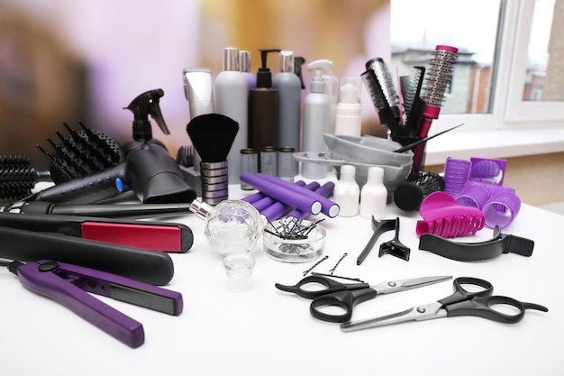 Professional hairdresser tools on table