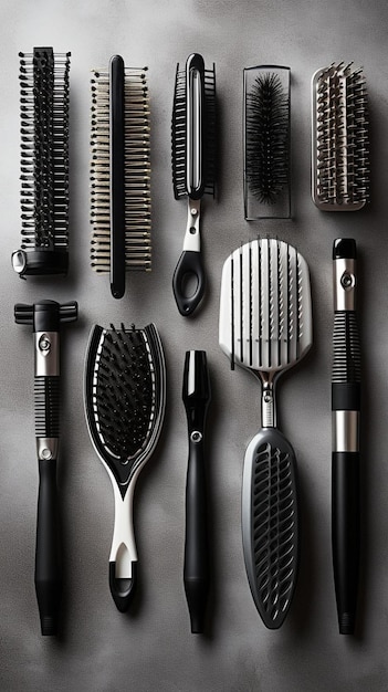 professional hairdressing tools in beauty saloon combs spray on grey background top view copy space