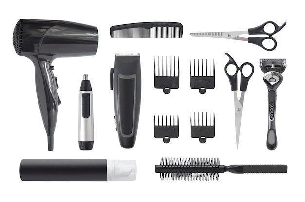 Professional hairstyle and grooming kit isolated on white background