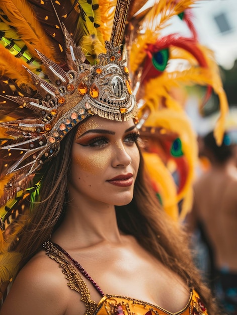 Профессиональный портрет половины тела чувственной и красивой бразильской женщины во время карнавала в Рио-де-Жанейро