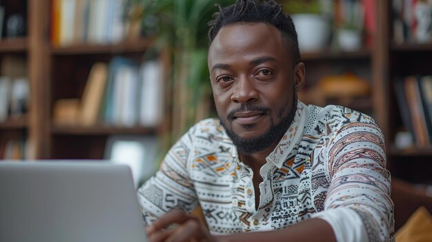 Photo professional and handsome ghostwriter for the telecommunication industry in front of his laptop typi