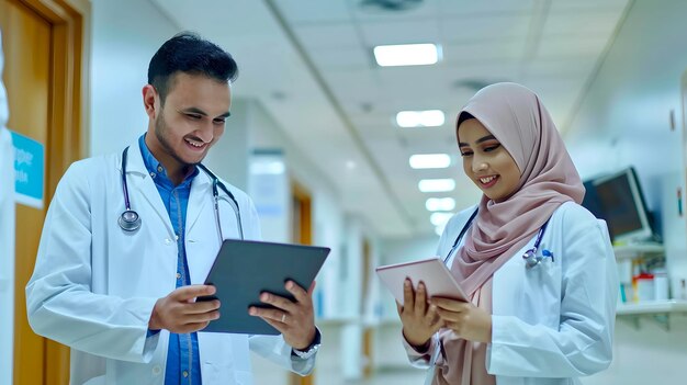 Professional Healthcare Workers Consulting Over a Tablet in a Modern Hospital Corridor Diverse Medical Staff in Discussion Medical Professionals at Work AI