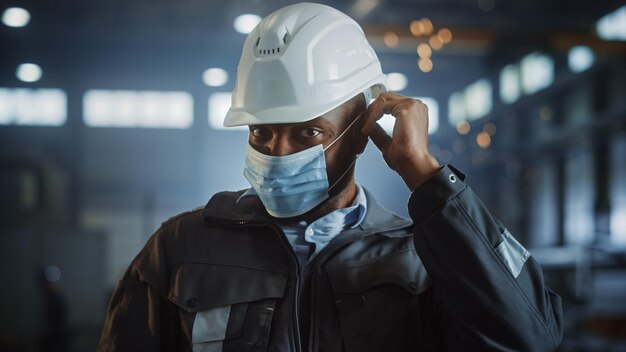 Professional Heavy Industry Engineer Worker is Putting On Safety Face Mask in a Steel Factory Black African American Industrial Specialist in Hard Hat Standing in a Metal Construction Manufacture