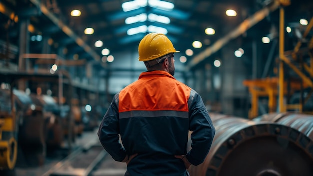 직업 중공업 엔지니어 안전 유니폼과 하드 을 착용하는 노동자 심각한 성공한 남자 산업 전문가 금속 제조 창고 공장에서 는