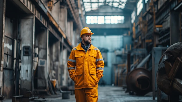 Photo professional heavy industry engineer worker wearing safety uniform and hard hat serious successful man industrial specialist walking in metal manufacture warehouse factory