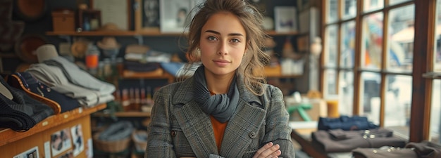 Professional hipster woman tailor in a modern suit posing in the store gazing out the window creating designing clothing or fashion dresses