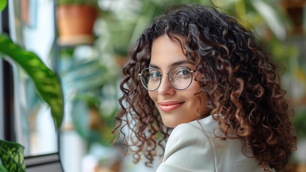 professional hispanic businesswoman in virtual conference with curly hair and glasses