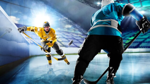 Professional hockey players in action on grand arena