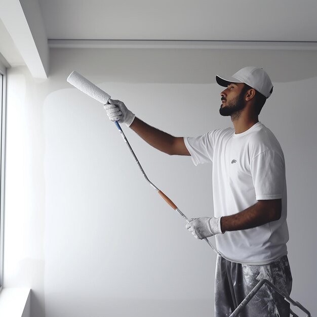 Photo professional house painter painting white wall