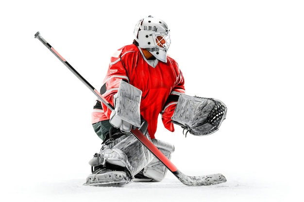 Professional ice hockey player in action on white backgound