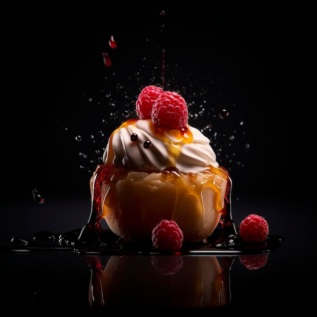 Professional image of a juicy dessert with berries on a black background