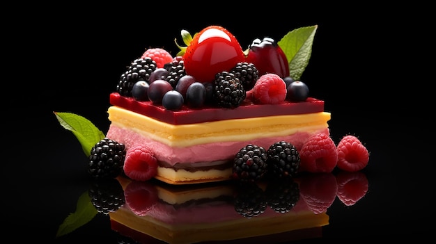Профессиональное изображение сочного десерта с ягодами на темном фоне 8K