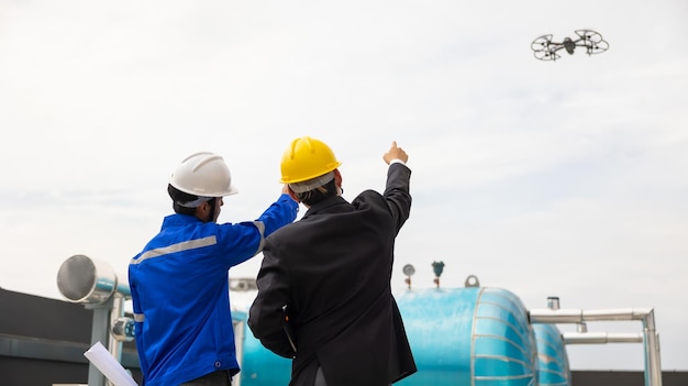 Professional inspection engineering use drone for survey building under construction site