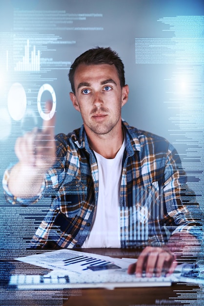 Professional it computer employee working on a cgi screen planning with graphics and looking at data while sitting in an office at work One coding programmer inspecting software and checking codes