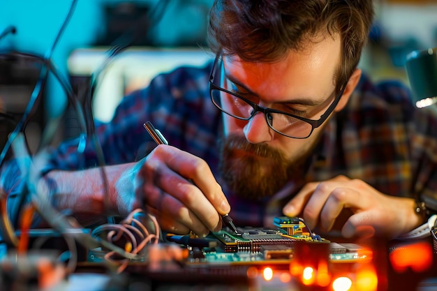 Professional IT specialist working on a circuit board
