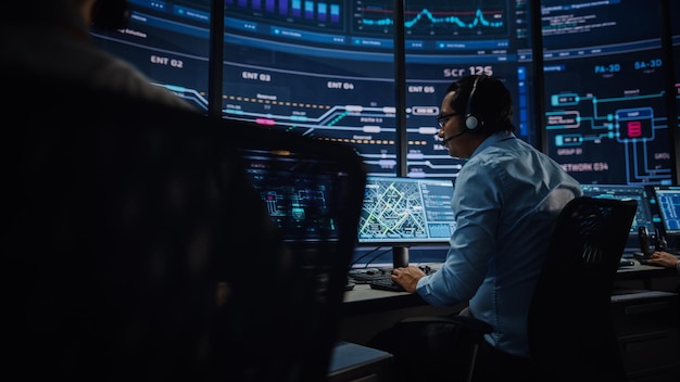Professional IT Technical Support Specialists and Software Programmer Working on Computers in Monitoring Control Room with Digital Screens with Server Data Blockchain Network and Surveillance Maps