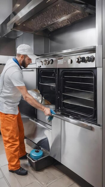 プロフェッショナルな janitor cleaning mesh filter of cooker hood in kitchen closeup (キッチンのクローズアップで調理機のフードのメッシュフィルターをクリーニングする専門家)