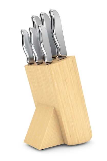 Набор профессиональных кухонных ножей в деревянной коробке на белом фоне
