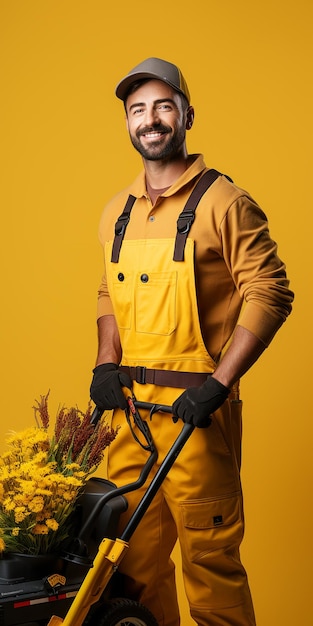 Professional Landscaper on Solid Yellow Background