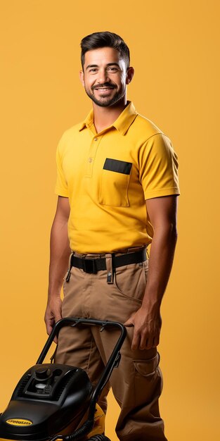 Professional Landscaper on Solid Yellow Background