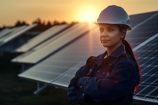 Профессиональная латиноамериканская женщина-инженер с удовольствием смотрит в сторону, работая на экологическом зеленом поле с солнечными панелями Концепция фотоэлектрической электростанции Generative ai