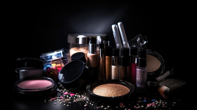 Professional makeup products with black backdrop Luxury beauty industry accessories Generation ai