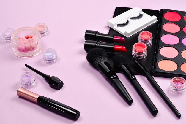 Professional makeup products with cosmetic beauty products,\
blushes, eye liner, eye lashes, brushes and tools.