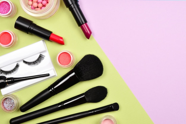 Professional makeup products with cosmetic beauty products and tools.