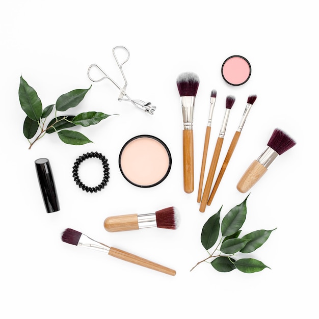 Professional makeup tools makeup tools brushes flat composition magazines social media top view flat