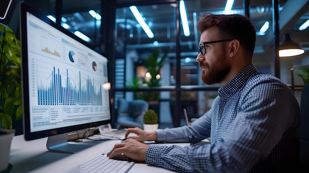 Professional male analyst working late in a modern office analyzing data on computer concentrated on work AI