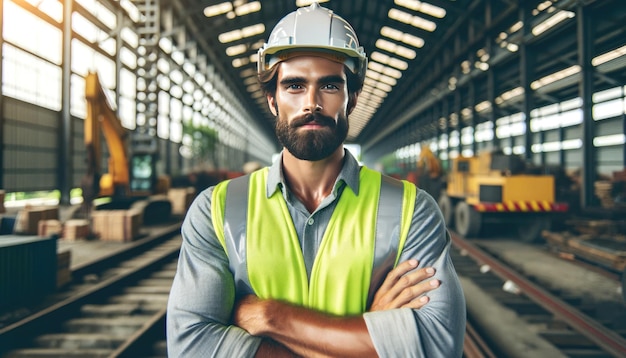 A professional male construction manager with a hard hat and safety vest confidently oversees a busy